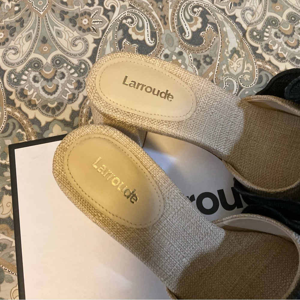 NWT Larroude Brigitte Ruffle Raffia Beige Black Sandals Women’s Sz 7.5 - Picture 12 of 14